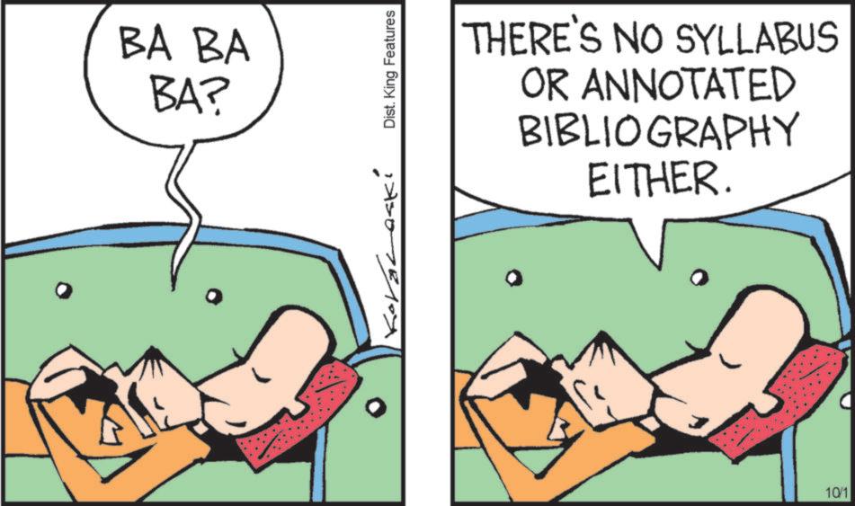 Animated cartoon OCR: BA BA BA? KoVaLaski Dist. King Features THERE'S NO SYLLABUS OR ANNOTATED BIBLIOGRAPHY EITHER. 10/1 BA BA BA ? KoVaLaski Dist . King Features THERE'S NO SYLLABUS OR ANNOTATED BIBLIOGRAPHY EITHER . 10/1