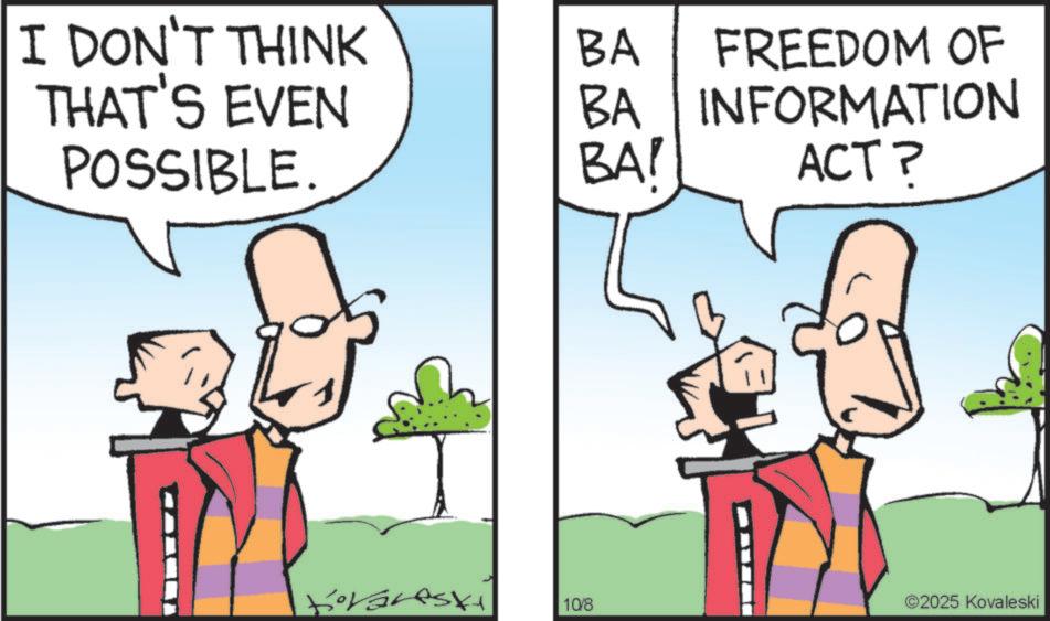Animated cartoon OCR: I DON'T THINK THAT'S EVEN POSSIBLE. BA FREEDOM OF BA INFORMATION BA! ACT? Koraleski 10/8 2025 Kovaleski I DON'T THINK THAT'S EVEN POSSIBLE . BA FREEDOM OF BA INFORMATION BA ! ACT ? Koraleski 10/8 2025 Kovaleski