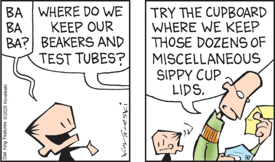 Diagram OCR: Dist. King Features 2025 Kovaleski BA WHERE DO WE BA TRY THE CUPBOARD WHERE WE KEEP KEEP OUR BA? BEAKERS AND TEST TUBES? THOSE DOZENS OF MISCELLANEOUS SIPPY CUP LIDS. Kovácsk ? Dist . King Features 2025 Kovaleski BA WHERE DO WE BA TRY THE CUPBOARD WHERE WE KEEP KEEP OUR BA ? BEAKERS AND TEST TUBES ? THOSE DOZENS OF MISCELLANEOUS SIPPY CUP LIDS . Kovácsk ?