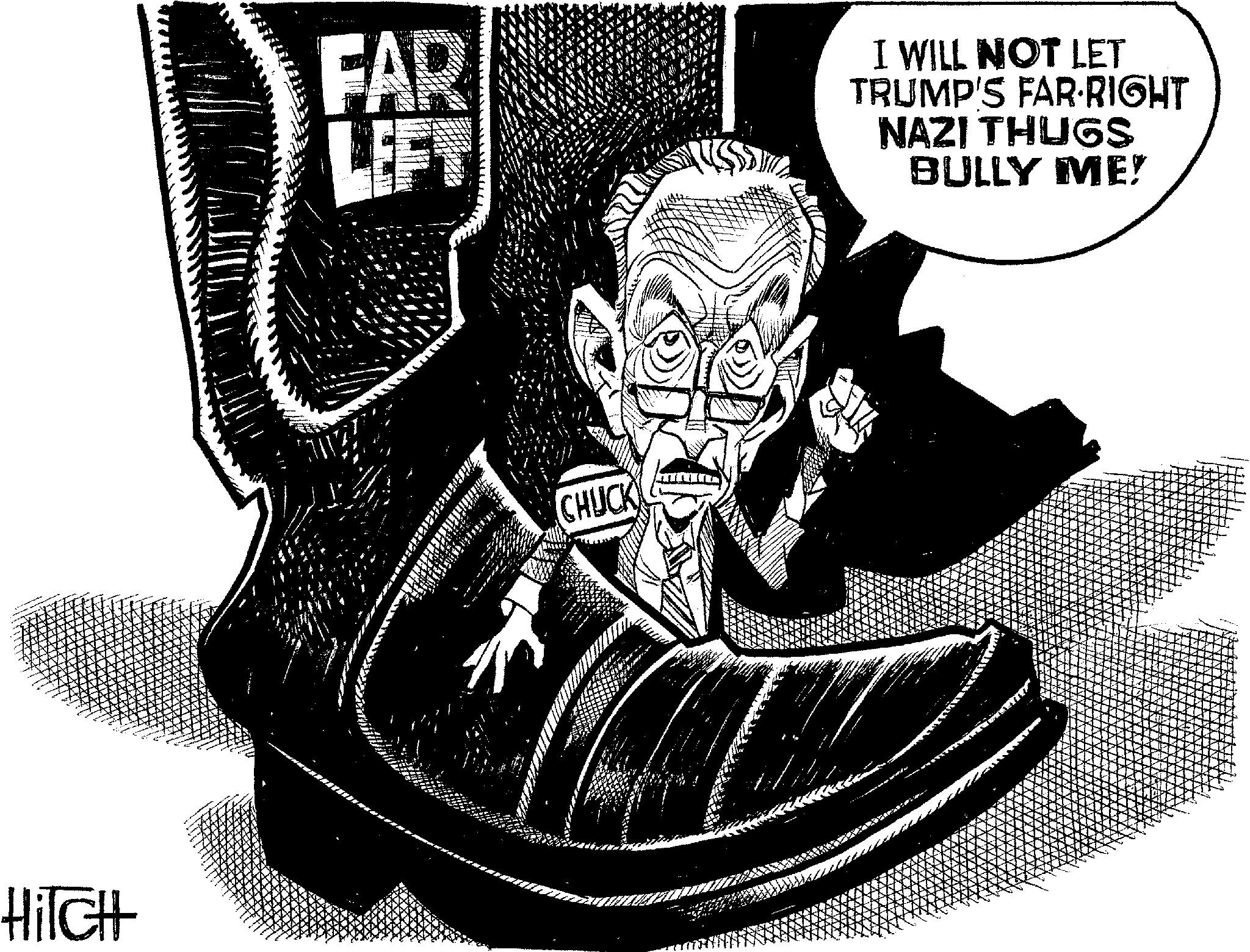 Photo caption OCR: HiTcH FAR LEFT I WILL NOT LET TRUMP'S FAR·RIGHT NAZI THUGS BULLY ME! CHUCK HiTcH FAR LEFT I WILL NOT LET TRUMP'S FAR · RIGHT NAZI THUGS BULLY ME ! CHUCK