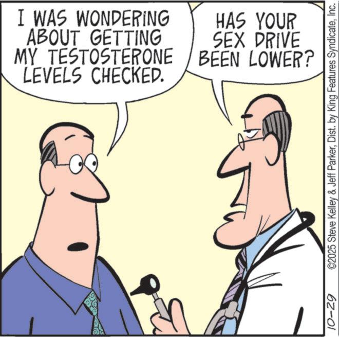 Fiction OCR: 10-29 I WAS WONDERING ABOUT GETTING MY TESTOSTERONE LEVELS CHECKED. HAS YOUR SEX DRIVE BEEN LOWER? ©2025 Steve Kelley & Jeff ParkerInc. 10-29 I WAS WONDERING ABOUT GETTING MY TESTOSTERONE LEVELS CHECKED . HAS YOUR SEX DRIVE BEEN LOWER ? © 2025 Steve Kelley & Jeff ParkerDist . by King Features Syndicate