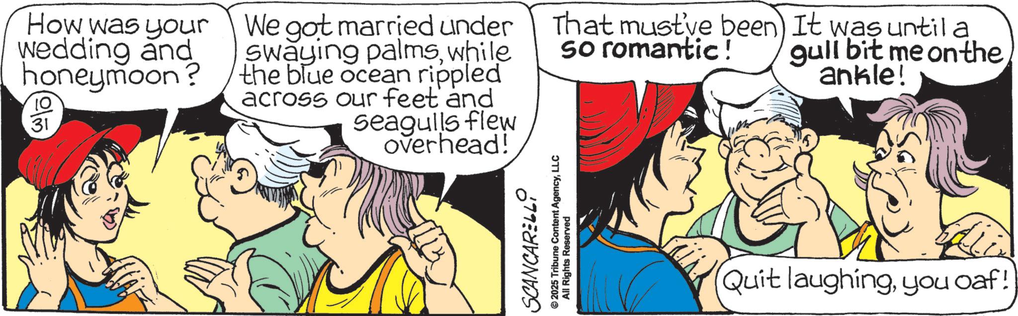 Comic book OCR: How was your Wedding and honeymoon? 10 31 We got married under Swaying palmswhile the blue ocean rippled across our feet and seagulls flew overhead! SCANCARELLI © 2025 Tribune Content AgencyLLC All Rights Reserved That must've been) It was until a so romantic! gull bit me onthe ankle! Quit laughingyou oaf! How was your Wedding and honeymoon ? 10 31 We got married under Swaying palmswhile the blue ocean rippled across our feet and seagulls flew overhead ! SCANCARELLI © 2025 Tribune Content AgencyLLC All Rights Reserved That must've been ) It was until a so romantic ! gull bit me onthe ankle ! Quit laughingyou oaf !