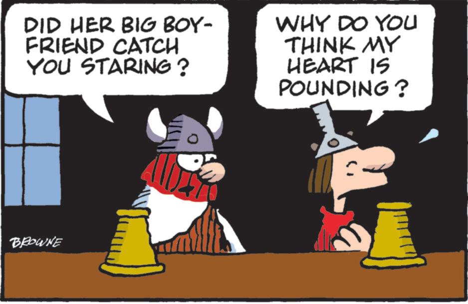 Animated cartoon OCR: DID HER BIG BOY- FRIEND CATCH YOU STARING? · WHY DO YOU THINK MY HEART IS POUNDING? BROWNE DID HER BIG BOY- FRIEND CATCH YOU STARING ? · WHY DO YOU THINK MY HEART IS POUNDING ? BROWNE