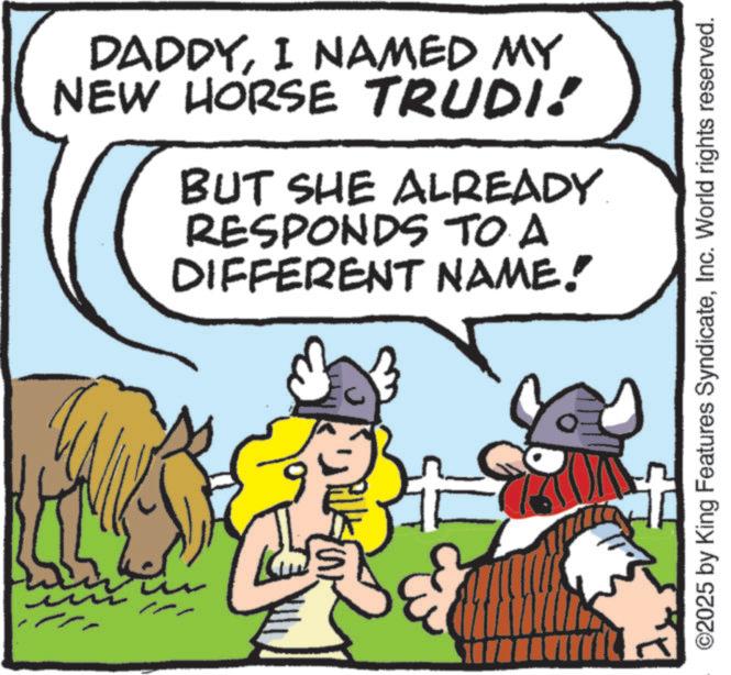 Horse Supplies OCR: DADDYI NAMED MY NEW HORSE TRUDI! BUT SHE ALREADY RESPONDS TO A DIFFERENT NAME. 3 ©2025 by King Features SyndicateInc. World rights reserved. DADDYI NAMED MY NEW HORSE TRUDI ! BUT SHE ALREADY RESPONDS TO A DIFFERENT NAME . 3 © 2025 by King Features SyndicateInc. World rights reserved .