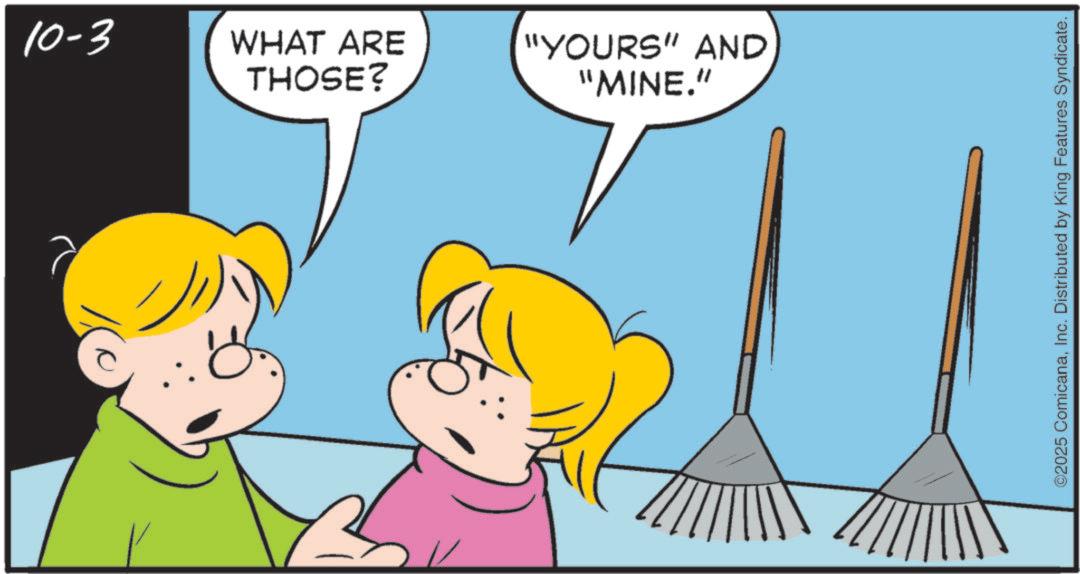 Animated cartoon OCR: 10-3 THOSE? WHAT ARE "YOURS" AND "MINE." ©2025 ComicanaInc. Distributed by King Features Syndicate. 10-3 THOSE ? WHAT ARE " YOURS " AND " MINE . " © 2025 ComicanaInc. Distributed by King Features Syndicate .