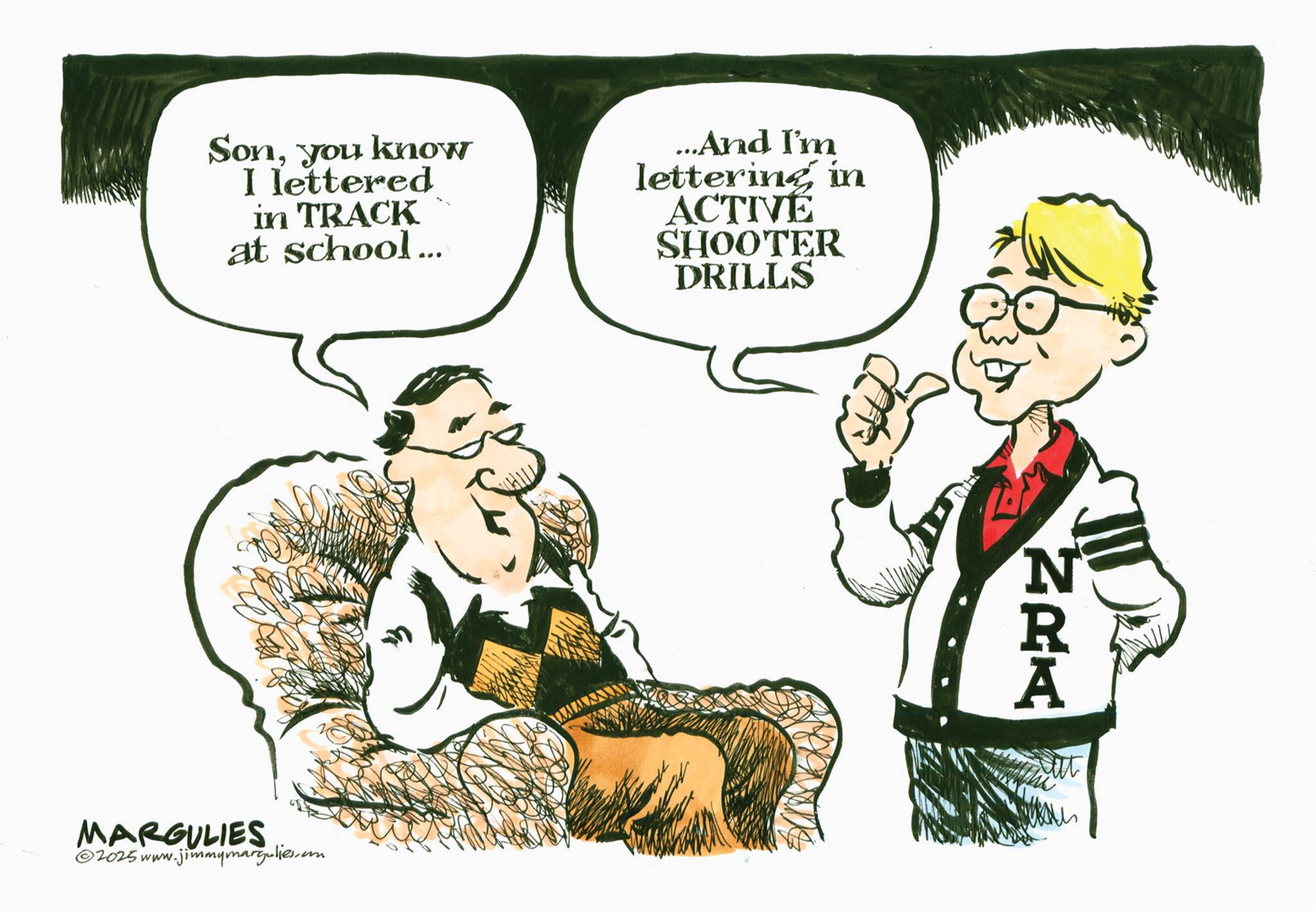 Photo caption OCR: Sonyou know I lettered in TRACK at school... ...And I'm lettering in ACTIVE SHOOTER DRILLS MARGULIES 2025 www.jimmymargulies.com ? NRK Sonyou know I lettered in TRACK at school ... ... And I'm lettering in ACTIVE SHOOTER DRILLS MARGULIES 2025 www.jimmymargulies.com ? NRK