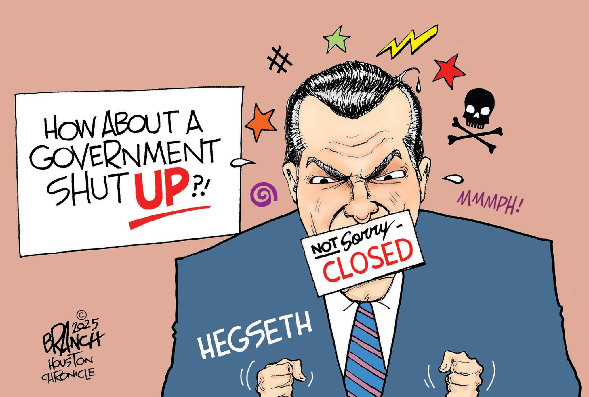 Animated cartoon OCR: HOW ABOUT A GOVERNMENT SHUT UP! BRANCH HOUSTON CHRONICLE # NOT Sorry- CLOSED HEGSETH MMMPH! HOW ABOUT A GOVERNMENT SHUT UP ! BRANCH HOUSTON CHRONICLE # NOT Sorry- CLOSED HEGSETH MMMPH !
