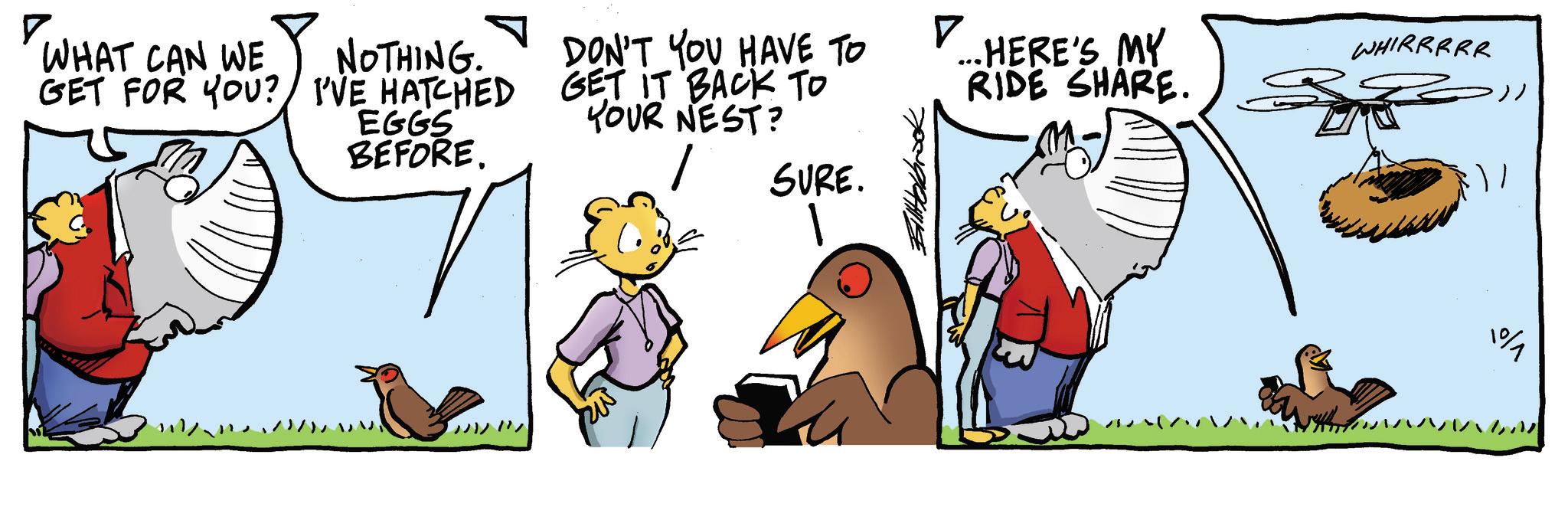 Fictional character OCR: ?. WHAT CAN WE GET FOR YOU? NOTHING. I'VE HATCHED EGGS BEFORE. DON'T YOU HAVE TO GET IT BACK TO YOUR NEST? SURE. ? ..HERE'S MY RIDE SHARE. WHIRRRRR 10/1 ? . WHAT CAN WE GET FOR YOU ? NOTHING . I'VE HATCHED EGGS BEFORE . DON'T YOU HAVE TO GET IT BACK TO YOUR NEST ? SURE . ? ..HERE'S MY RIDE SHARE . WHIRRRRR 10/1