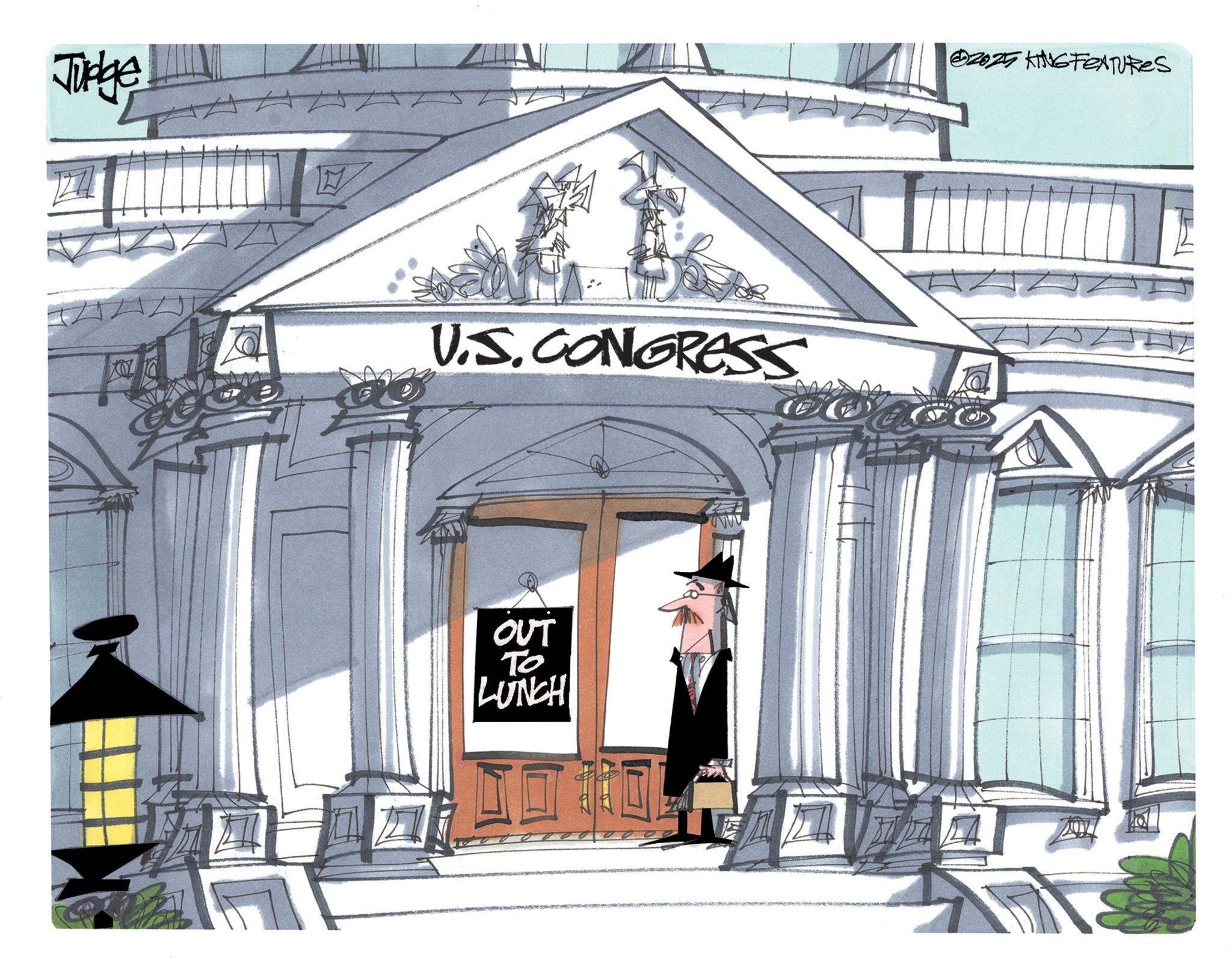 Animated cartoon OCR: Judge US.CONGRESS OUT To LUNCH 2025 KING FEATURES Judge US.CONGRESS OUT To LUNCH 2025 KING FEATURES