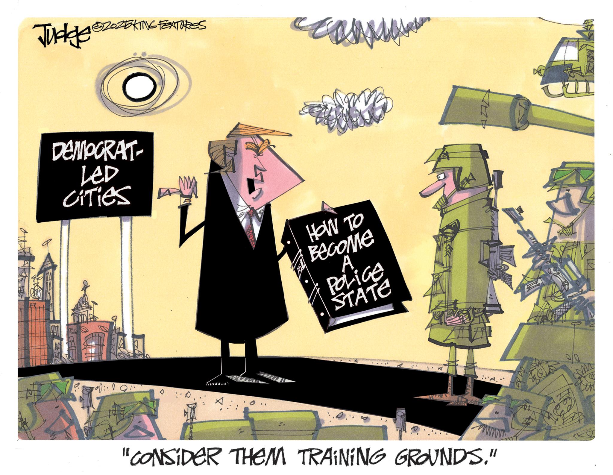 Graphic design OCR: 2025KING FEATURES DEMOCRAT LeD Cities A HOW TO Become A POLIGE STATE X * "CONSIDER THEM TRAINING GROUNDS." AAN m tin 2025KING FEATURES DEMOCRAT LeD Cities A HOW TO Become A POLIGE STATE X * " CONSIDER THEM TRAINING GROUNDS . " AAN m tin