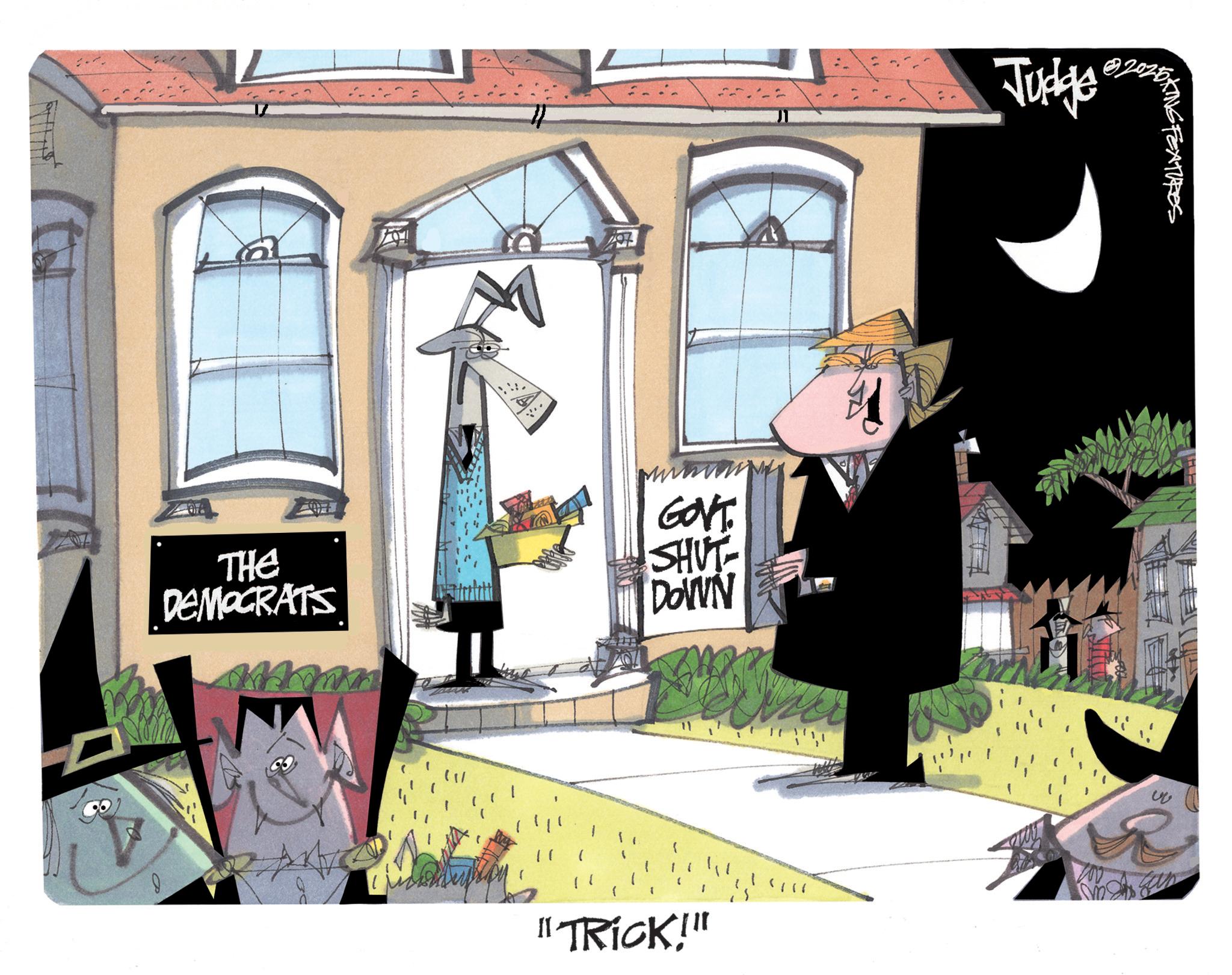 Graphic design OCR: GOVT. THE DEMOCRATS SHUT DOWN 6 Judge "TRICK!" EXTURES GOVT . THE DEMOCRATS SHUT DOWN 6 Judge " TRICK ! " EXTURES