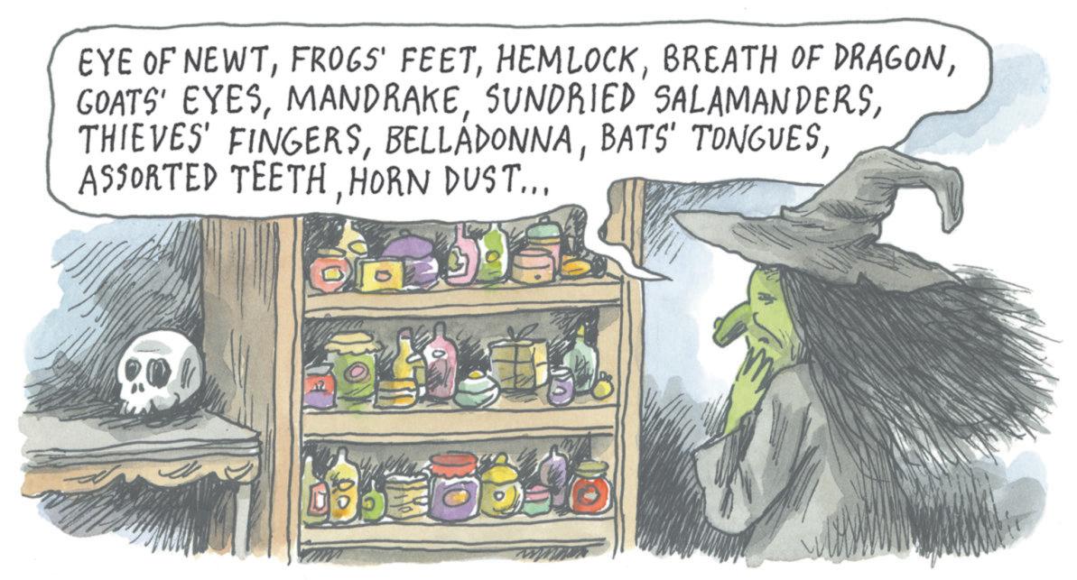 Animated cartoon OCR: EYE OF NEWTHORN DUST... EYE OF NEWTFROGS ' FEETBREATH OF DRAGONGOATS ' EYESSUNDRIED SALAMANDERSTHIEVES ' FINGERSBATS ' TONGUESASSORTED TEETHHORN DUST ...