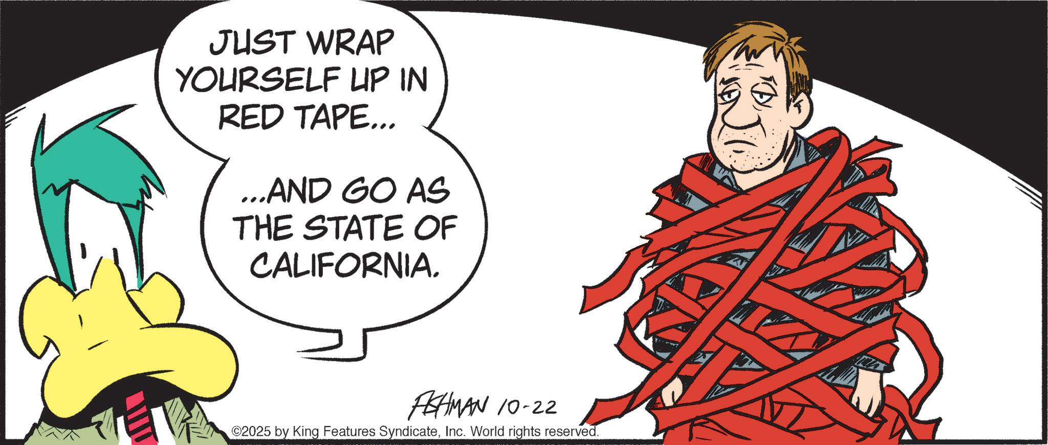 Graphic design OCR: JUST WRAP YOURSELF UP IN RED TAPE... ...AND GO AS THE STATE OF CALIFORNIA. ASHMAN 10-22 C2025 by King Features SyndicateInc. World rights reserved. JUST WRAP YOURSELF UP IN RED TAPE ... ... AND GO AS THE STATE OF CALIFORNIA . ASHMAN 10-22 C2025 by King Features SyndicateInc. World rights reserved .