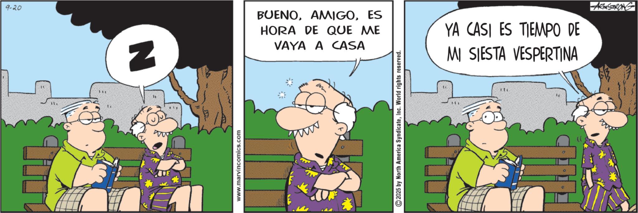 Fictional character OCR: 9-20 N www.marvincomics.com BUENOES HORA DE QUE ME VAYA A CASA YA CASI ES TIEMPO DE MI SIESTA VESPERTINA ARMSTRONG www 2025 by North America SyndicateInc. World rights reserved. 9-20 N www.marvincomics.com BUENOES HORA DE QUE ME VAYA A CASA YA CASI ES TIEMPO DE MI SIESTA VESPERTINA ARMSTRONG www 2025 by North America SyndicateInc. World rights reserved .