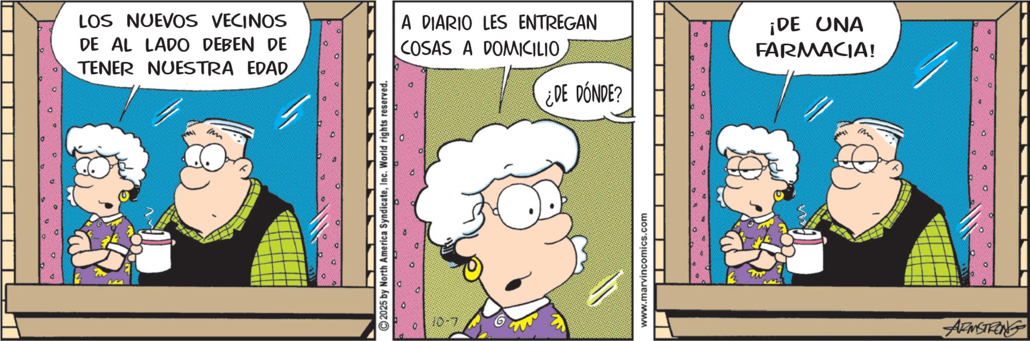 Fictional character OCR: LOS NUEVOS VECINOS DE AL LADO DEBEN DE TENER NUESTRA EDAD A DIARIO LES ENTREGAN COSAS A DOMICILIO M 2025 by North America SyndicateInc. World rights reserved. ¿DE DÓNDE? www.marvincomics.com ¡DE UNA FARMACIA! (M ARMSTRONG LOS NUEVOS VECINOS DE AL LADO DEBEN DE TENER NUESTRA EDAD A DIARIO LES ENTREGAN COSAS A DOMICILIO M 2025 by North America SyndicateInc. World rights reserved . ¿ DE DÓNDE ? www.marvincomics.com ¡ DE UNA FARMACIA ! ( M ARMSTRONG