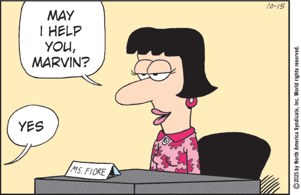 Animated cartoon OCR: YES MAY I HELP YOUMARVIN? MS. FIORE 10-15 2025 by North America SyndicateInc. World rights reserved. YES MAY I HELP YOUMARVIN ? MS . FIORE 10-15 2025 by North America SyndicateInc. World rights reserved .