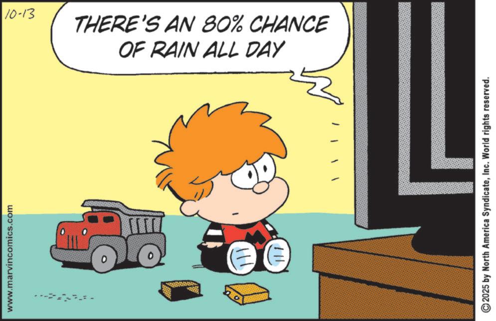 Clip art OCR: www.marvincomics.com 10-13 OF RAIN ALL DAY THERE'S AN 80% CHANCE 2025 by North America SyndicateInc. World rights reserved. www.marvincomics.com 10-13 OF RAIN ALL DAY THERE'S AN 80 % CHANCE 2025 by North America SyndicateInc. World rights reserved .