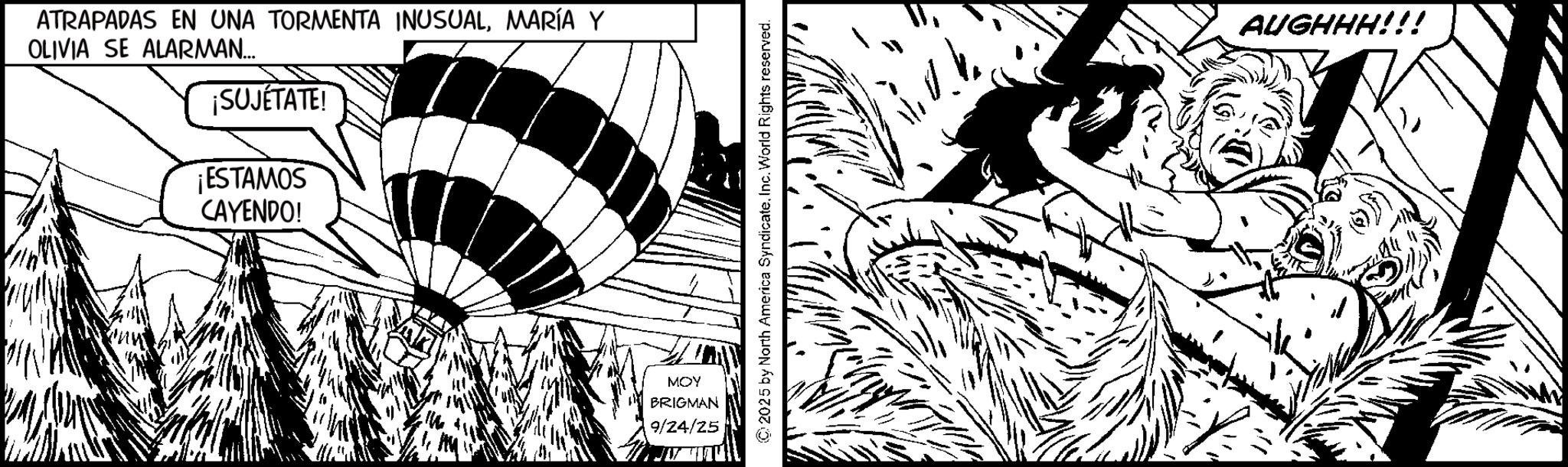 Comic book OCR: ATRAPADAS EN UNA TORMENTA INUSUALMARÍA Y OLIVIA SE ALARMAN... ¡SUJÉTATE! ¡ESTAMOS CAYENDO! MOY BRIGMAN 9/24/25 2025 by North America SyndicateInc. World Rights reserved. AUGHHH!!! ATRAPADAS EN UNA TORMENTA INUSUALMARÍA Y OLIVIA SE ALARMAN ... ¡ SUJÉTATE ! ¡ ESTAMOS CAYENDO ! MOY BRIGMAN 9/24/25 2025 by North America SyndicateInc. World Rights reserved . AUGHHH !!!
