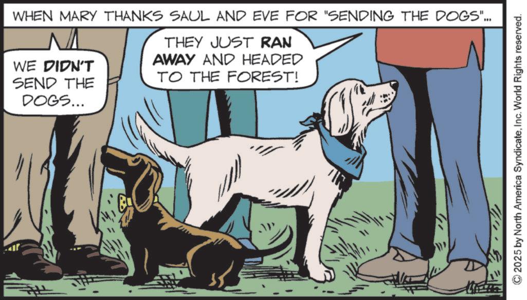 Ancient dog breeds OCR: r WHEN MARY THANKS SAUL AND EVE FOR "SENDING THE DOGS"... WE DIDN'T SEND THE DOGS... THEY JUST RAN AWAY AND HEADED TO THE FOREST! © 2025 by North America SyndicateInc. World Rights reserved. r WHEN MARY THANKS SAUL AND EVE FOR " SENDING THE DOGS " ... WE DIDN'T SEND THE DOGS ... THEY JUST RAN AWAY AND HEADED TO THE FOREST ! © 2025 by North America SyndicateInc. World Rights reserved .