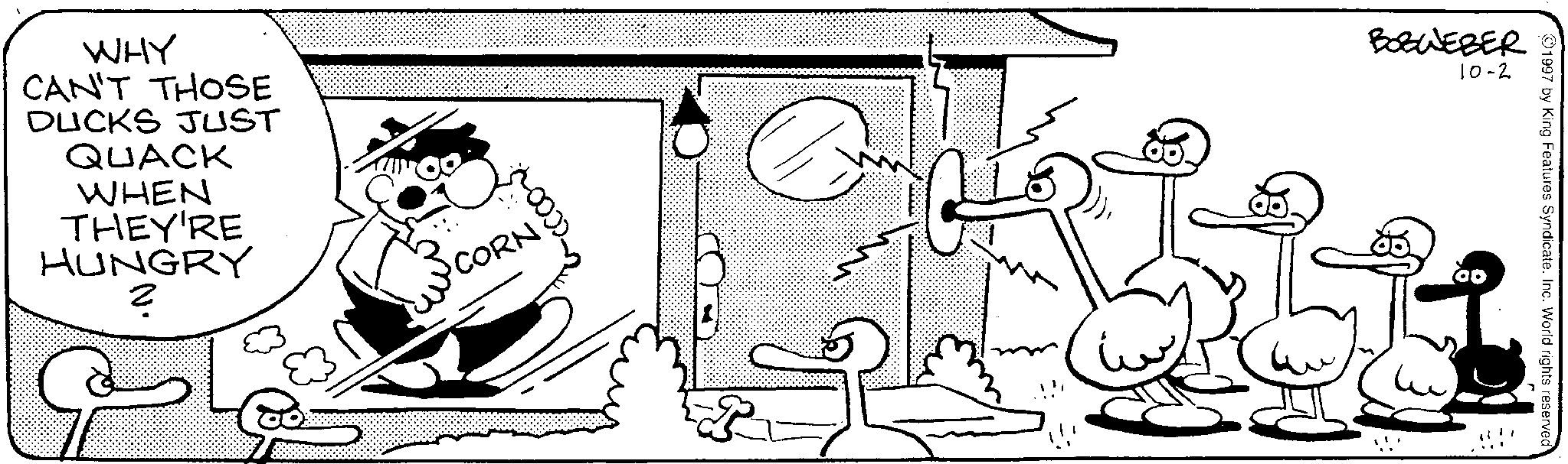 Line art OCR: WHY CAN'T THOSE DUCKS JUST QUACK WHEN THEY'RE HUNGRY ? CORN !!! BOBWEBER 10-2 1997 by King Features SyndicateInc. World rights reserved WHY CAN'T THOSE DUCKS JUST QUACK WHEN THEY'RE HUNGRY ? CORN !!! BOBWEBER 10-2 1997 by King Features SyndicateInc. World rights reserved