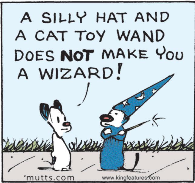 Graphic design OCR: A SILLY HAT AND A CAT TOY WAND DOES NOT MAKE YOU A WIZARD! *mutts.com www.kingfeatures.com A SILLY HAT AND A CAT TOY WAND DOES NOT MAKE YOU A WIZARD ! * mutts.com www.kingfeatures.com