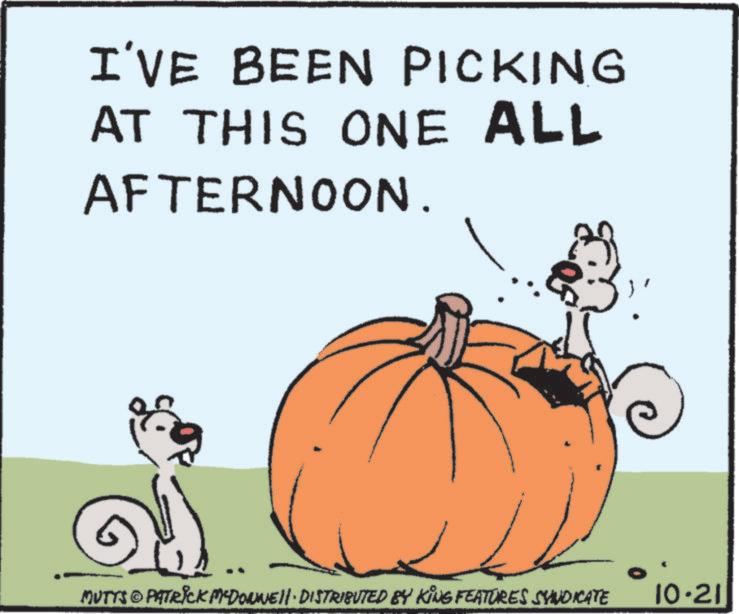 Winter squash OCR: I'VE BEEN PICKING AT THIS ONE ALL AFTERNOON. MUTYS © PATRICK MCDONNEll. DISTRIBUTED BY KING FEATURES SYNDICATE 10.21 I'VE BEEN PICKING AT THIS ONE ALL AFTERNOON . MUTYS © PATRICK MCDONNEll . DISTRIBUTED BY KING FEATURES SYNDICATE 10.21
