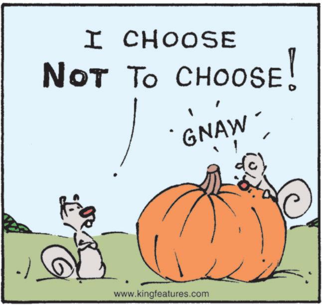 Photo caption OCR: I CHOOSE NOT TO CHOOSE! GNAW www.kingfeatures.com I CHOOSE NOT TO CHOOSE ! GNAW www.kingfeatures.com