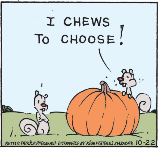 Pumpkin OCR: I CHEWS TO CHOOSE! 2 MUTTS © PATRICK M-DOWNE DISTRIBUTED BY KING FEATURES SYNDICATE 10.22 I CHEWS TO CHOOSE ! 2 MUTTS © PATRICK M - DOWNE DISTRIBUTED BY KING FEATURES SYNDICATE 10.22