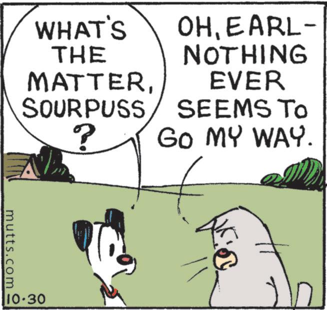 Animated cartoon OCR: WHAT'S THE OHEARL- NOTHING MATTEREVER SOURPUSS / SEEMS TO ? GO MY WAY. mutts.com 10.30 WHAT'S THE OHEARL- NOTHING MATTEREVER SOURPUSS / SEEMS TO ? GO MY WAY . mutts.com 10.30