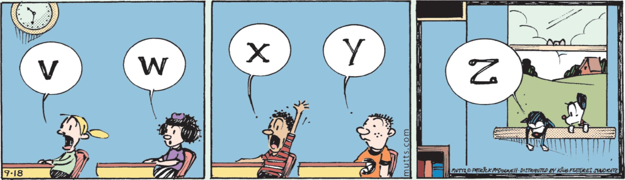 Fictional character OCR: 9.18 ? Y V W Z mutts.com MUTYS PATRICK DONNE. DISTRIBUTED BY KING FEATURES SYNDICATE 9.18 ? Y V W Z mutts.com MUTYS PATRICK DONNE . DISTRIBUTED BY KING FEATURES SYNDICATE