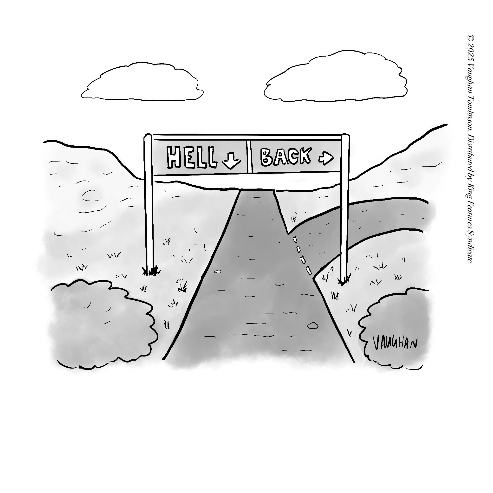 Line art OCR: ©2025 Vaughan Tomlinson. Distributed by King Features Syndicate. VAUGHAN Ai 10 HELL BACK > - n ? 3/11 © 2025 Vaughan Tomlinson . Distributed by King Features Syndicate . VAUGHAN Ai 10 HELL BACK > - n ? 3/11