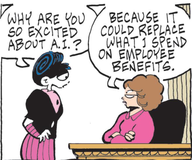 Fictional character OCR: WHY ARE YOU SO EXCITED ABOUT A.I.? 5 BECAUSE IT COULD REPLACE WHAT I SPEND ON EMPLOYEE BENEFITS. ? WHY ARE YOU SO EXCITED ABOUT A.I. ? 5 BECAUSE IT COULD REPLACE WHAT I SPEND ON EMPLOYEE BENEFITS . ?