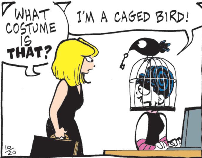 Fictional character OCR: ? WHAT COSTUME 15 I'M A CAGED BIRD! THAT? 10/20 ? WHAT COSTUME 15 I'M A CAGED BIRD ! THAT ? 10/20