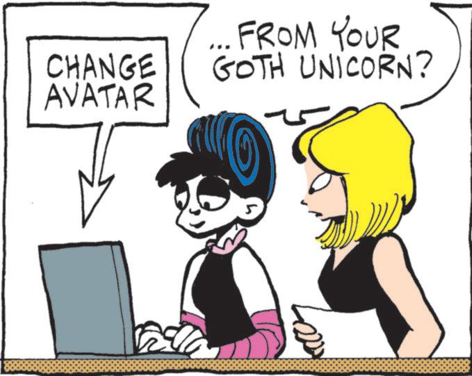 Animated cartoon OCR: FROM YOUR CHANGE AVATAR GOTH UNICORN? FROM YOUR CHANGE AVATAR GOTH UNICORN ?