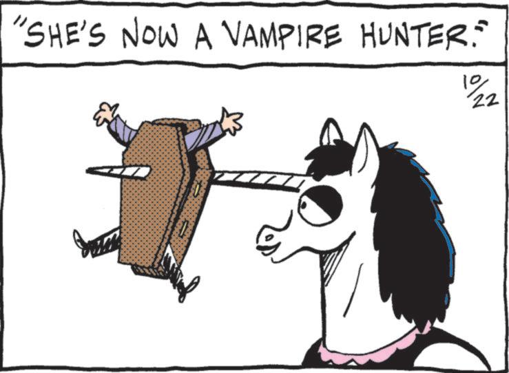 Animated cartoon OCR: "SHE'S NOW A VAMPIRE HUNTER: 22 elm " SHE'S NOW A VAMPIRE HUNTER : 22 elm