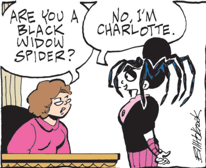 Line art OCR: CHARLOTTE ARE YOU A NoI'M BLACK WIDOW SPIDER? ??????? CHARLOTTE ARE YOU A NoI'M BLACK WIDOW SPIDER ? ???????