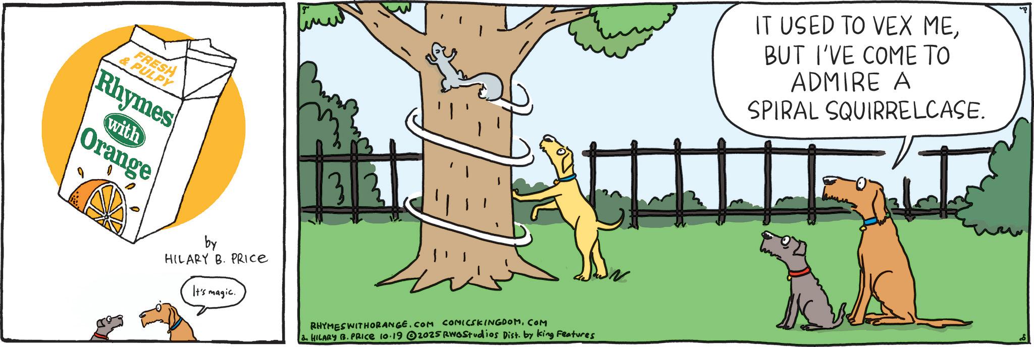 Animated cartoon OCR: FRESH & PULPY Rhymes with Orange 3 by HILARY B. PRICE It's magic. RHYMES WITHORANGE.COM COMICSKINGDOM.COM HILARY B. PRICE 10.19 2025 RWoStudios Dist. by King Features IT USED TO VEX MEBUT I'VE COME TO ADMIRE A SPIRAL SQUIRRELCASE. FRESH & PULPY Rhymes with Orange 3 by HILARY B. PRICE It's magic . RHYMES WITHORANGE.COM COMICSKINGDOM.COM HILARY B. PRICE 10.19 2025 RWoStudios Dist . by King Features IT USED TO VEX MEBUT I'VE COME TO ADMIRE A SPIRAL SQUIRRELCASE .