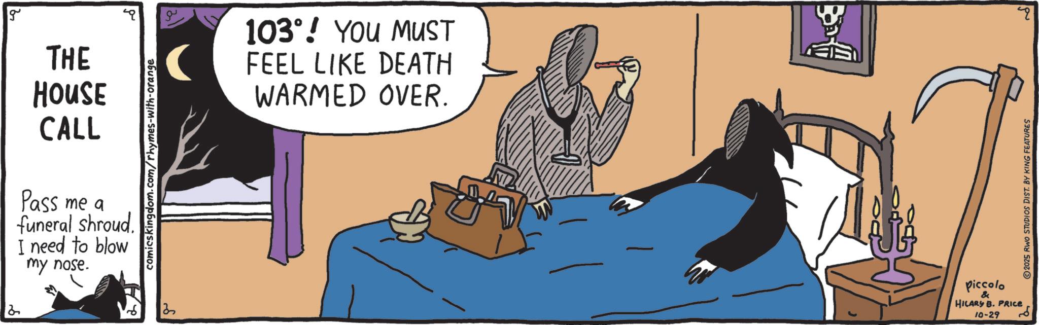 Animated cartoon OCR: g THE HOUSE CALL Pass me a funeral shroud. I need to blow my nose. comicskingdom.com/rhymes-with-orange 103°! You MUST FEEL LIKE DEATH WARMED OVER. 13 Piccolo & HILARY B. PRICE 10-29 2025 RWO STUDIOS DIST. BY KING FEATURES " g THE HOUSE CALL Pass me a funeral shroud . I need to blow my nose . comicskingdom.com/rhymes-with-orange 103 ° ! You MUST FEEL LIKE DEATH WARMED OVER . 13 Piccolo & HILARY B. PRICE 10-29 2025 RWO STUDIOS DIST . BY KING FEATURES "
