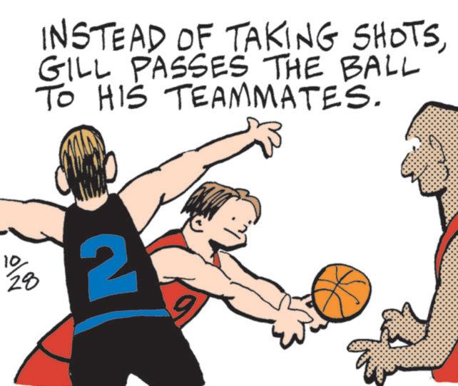 Basketball OCR: 28 INSTEAD OF TAKING SHOTSGILL PASSES THE BALL TO HIS TEAMMATES. 28 INSTEAD OF TAKING SHOTSGILL PASSES THE BALL TO HIS TEAMMATES .