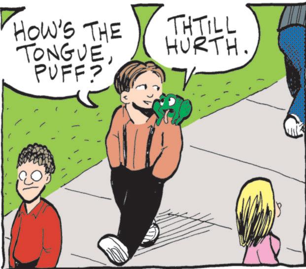 Child OCR: 18 HOW'S THE TONGUE PUFF? THTILL HURTH. 18 HOW'S THE TONGUE PUFF ? THTILL HURTH .