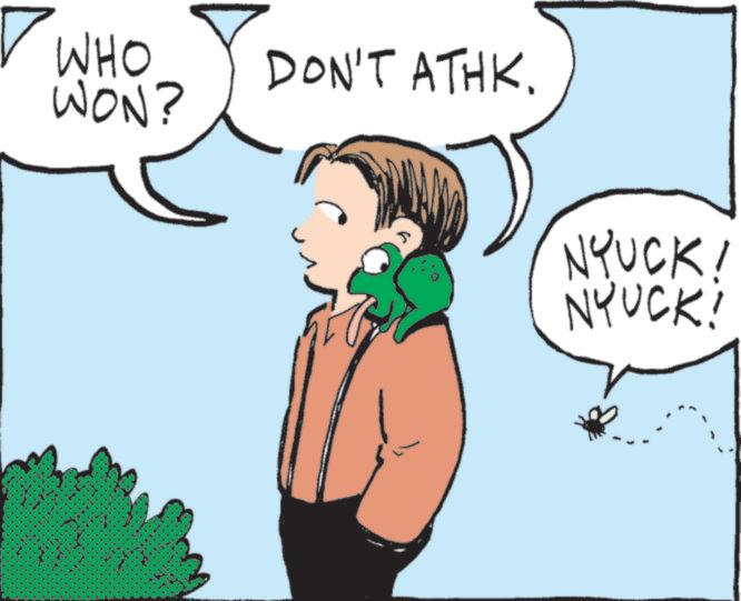 Animated cartoon OCR: WHO DON'T ATHK. WON? NYUCK! NYUCK! WHO DON'T ATHK . WON ? NYUCK ! NYUCK !