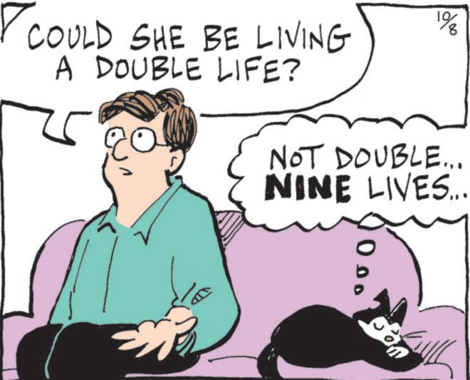 Photo caption OCR: ? COULD SHE BE LIVING A DOUBLE LIFE? 1% NOT DOUBLE... NINE LIVES... 000 ? COULD SHE BE LIVING A DOUBLE LIFE ? 1 % NOT DOUBLE ... NINE LIVES ... 000