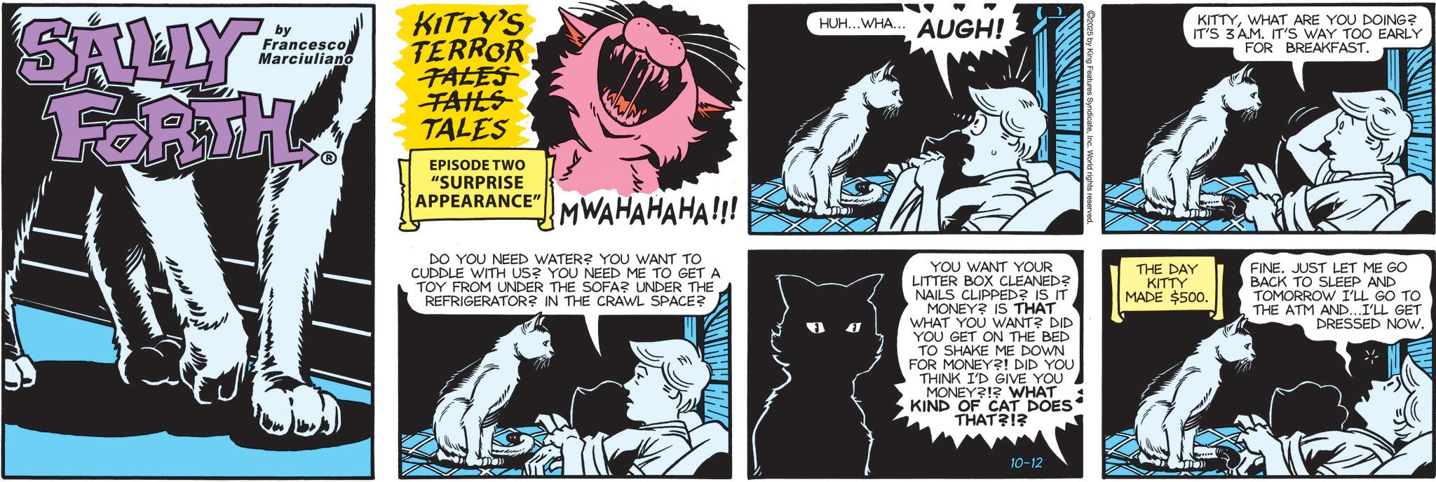 Graphic design OCR: SALLY FORTH by Francesco Marciuliano KITTY'S TERROR TALES TAILS TALES EPISODE TWO "SURPRISE APPEARANCE" HUH... WHA... AUGH! IM KITTYWHAT ARE YOU DOING? IT'S 3AM. IT'S WAY TOO EARLY BREAKFAST. FOR MWAHAHAHA!!! DO YOU NEED WATER? YOU WANT TO CUDDLE WITH US? YOU NEED ME TO GET A TOY FROM UNDER THE SOFA? UNDER THE REFRIGERATOR? IN THE CRAWL SPACE? YOU WANT YOUR LITTER BOX CLEANED? NAILS CLIPPED? IS IT MONEY? IS THAT WHAT YOU WANT? DID YOU GET ON THE BED TO SHAKE ME DOWN FOR MONEY?! DID YOU THINK I'D GIVE YOU MONEY?!? WHAT KIND OF CAT DOES THAT?!? World rights reserved. THE DAY KITTY MADE $500. FINE. JUST LET ME GO BACK TO SLEEP AND TOMORROW I'LL GO TO THE ATM AND...I'LL GET DRESSED NOW. 10-12 SALLY FORTH by Francesco Marciuliano KITTY'S TERROR TALES TAILS TALES EPISODE TWO " SURPRISE APPEARANCE " HUH ... WHA ... AUGH ! IM KITTYWHAT ARE YOU DOING ? IT'S 3AM . IT'S WAY TOO EARLY BREAKFAST . FOR MWAHAHAHA !!! DO YOU NEED WATER ? YOU WANT TO CUDDLE WITH US ? YOU NEED ME TO GET A TOY FROM UNDER THE SOFA ? UNDER THE REFRIGERATOR ? IN THE CRAWL SPACE ? YOU WANT YOUR LITTER BOX CLEANED ? NAILS CLIPPED ? IS IT MONEY ? IS THAT WHAT YOU WANT ? DID YOU GET ON THE BED TO SHAKE ME DOWN FOR MONEY ?! DID YOU THINK I'D GIVE YOU MONEY ? ! ? WHAT KIND OF CAT DOES THAT ? ! ? World rights reserved . THE DAY KITTY MADE $ 500 . FINE . JUST LET ME GO BACK TO SLEEP AND TOMORROW I'LL GO TO THE ATM AND ... I'LL GET DRESSED NOW . 10-12