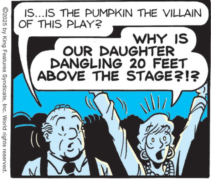Comic book OCR: IS... IS THE PUMPKIN THE VILLAIN OF THIS PLAY? WHY IS OUR DAUGHTER DANGLING 20 FEET ABOVE THE STAGE?!? ©2025 by King Features SyndicateInc. World rights reserved. IS ... IS THE PUMPKIN THE VILLAIN OF THIS PLAY ? WHY IS OUR DAUGHTER DANGLING 20 FEET ABOVE THE STAGE ? ! ? © 2025 by King Features SyndicateInc. World rights reserved .