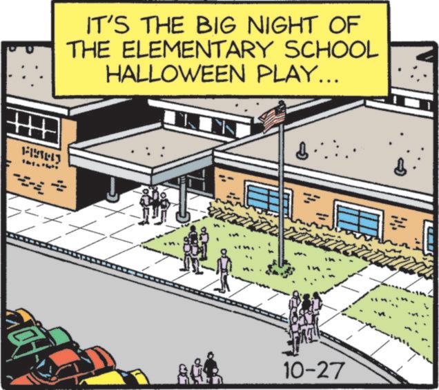Animation OCR: +++ IT'S THE BIG NIGHT OF THE ELEMENTARY SCHOOL HALLOWEEN PLAY... CA 10-27 +++ IT'S THE BIG NIGHT OF THE ELEMENTARY SCHOOL HALLOWEEN PLAY ... CA 10-27