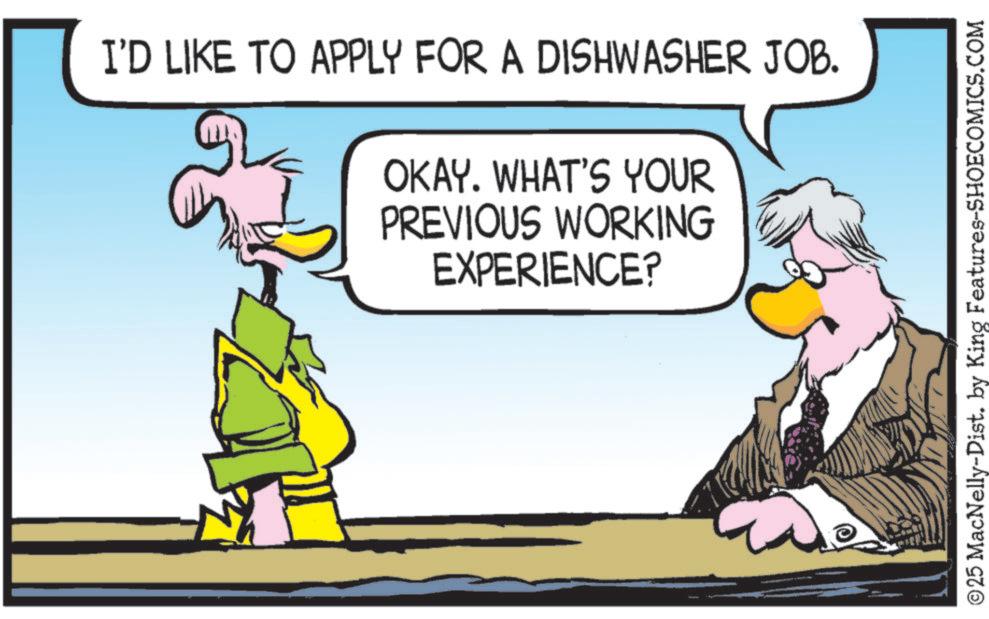 Animated cartoon OCR: I'D LIKE TO APPLY FOR A DISHWASHER JOB. OKAY. WHAT'S YOUR PREVIOUS WORKING EXPERIENCE? ©25 MacNelly-Dist. by King Features-SHOECOMICS.COM I'D LIKE TO APPLY FOR A DISHWASHER JOB . OKAY . WHAT'S YOUR PREVIOUS WORKING EXPERIENCE ? © 25 MacNelly - Dist . by King Features-SHOECOMICS.COM