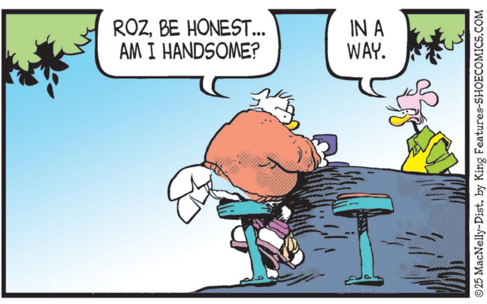 Comic book OCR: ROZBE HONEST... AM I HANDSOME? IN A WAY. 3 © 25 MacNelly-Dist. by King Features-SHOECOMICS.COM ROZBE HONEST ... AM I HANDSOME ? IN A WAY . 3 © 25 MacNelly - Dist . by King Features-SHOECOMICS.COM