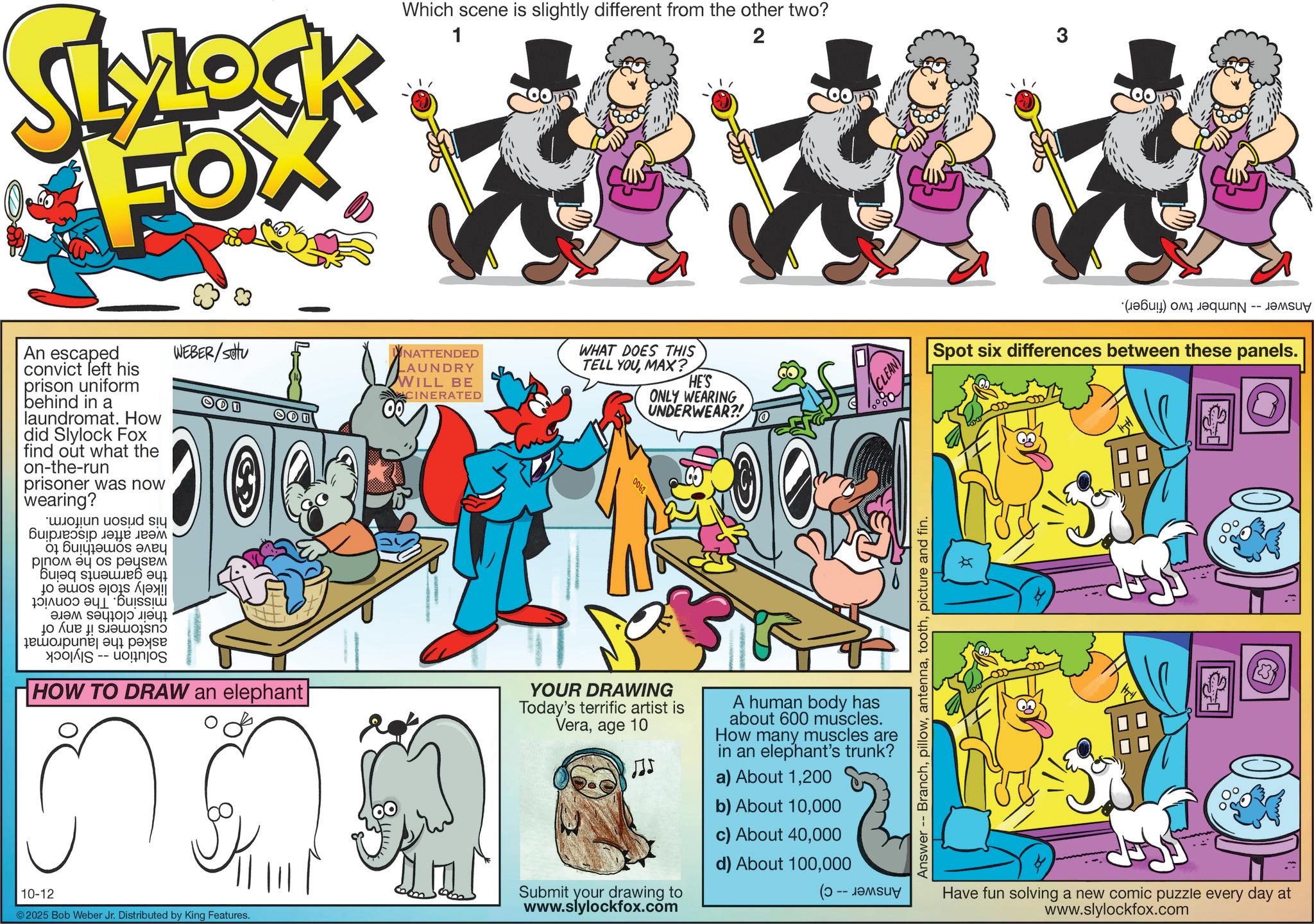 Graphics OCR: SLYLOCK FOX Which scene is slightly different from the other two? 1 2 An escaped convict left his prison uniform behind in a laundromat. How did Slylock Fox find out what the on-the-run prisoner was now wearing? WEBER/Stu wood si ?????? ??? ??? 01 ?????? ???? po e os p Bu to be a ???????? ???? ·Ôus???? ???? ?? ?? ??????? ????? -- OO D HOW TO DRAW an elephant 10-12 NATTENDED LAUNDRY WILL BE CINERATED 00 WHAT DOES THIS TELL YOUMAX? HE'S ONLY WEARING UNDERWEAR?! 0062 YOUR DRAWING Today's terrific artist is Veraage 10 JJJ Submit your drawing to www.slylockfox.com CLEAN A human body has about 600 muscles. How many muscles are in an elephant's trunk? a) About 1200 b) About 10000 c) About 40000 d) About 100000 -- ©2025 Bob Weber Jr. Distributed by King Features. Answer -- Branchpicture and fin. (b) a Spot six differences between these panels. * Have fun solving a new comic puzzle every day at www.slylockfox.com SLYLOCK FOX Which scene is slightly different from the other two ? 1 2 An escaped convict left his prison uniform behind in a laundromat . How did Slylock Fox find out what the on - the - run prisoner was now wearing ? WEBER / Stu wood si ?????? ??? ??? 01 ?????? ???? po e os p Bu to be a ??? ?? ? ? ? ??? ? · Ôus ? ??? ???? ?? ?? ??????? ????? -- OO D HOW TO DRAW an elephant 10-12 NATTENDED LAUNDRY WILL BE CINERATED 00 WHAT DOES THIS TELL YOUMAX ? HE'S ONLY WEARING UNDERWEAR ?! 0062 YOUR DRAWING Today's terrific artist is Veraage 10 JJJ Submit your drawing to www.slylockfox.com CLEAN A human body has about 600 muscles . How many muscles are in an elephant's trunk ? a ) About 1200 b ) About 10000 c ) About 40000 d ) About 100000 -- © 2025 Bob Weber Jr. Distributed by King Features . Answer -- Branchpicture and fin . ( b ) a Spot six differences between these panels . * Have fun solving a new comic puzzle every day at www.slylockfox.com
