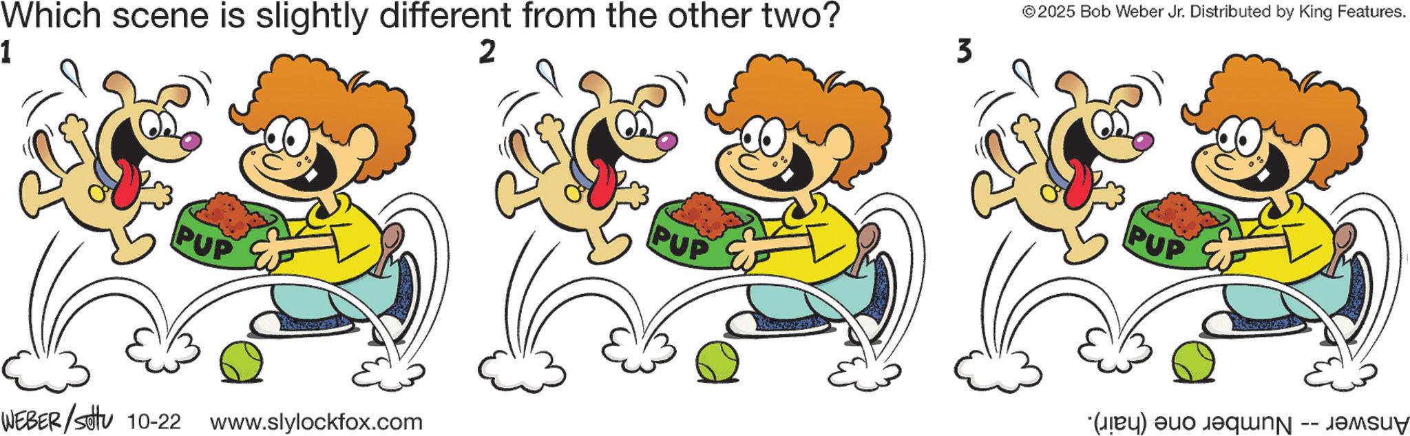 Clip art OCR: Which scene is slightly different from the other two? 1 2 3 PUP WEBER/Sotu 10-22 www.slylockfox.com PUP © 2025 Bob Weber Jr. Distributed by King Features. PUP (a) a - J?MSUY Which scene is slightly different from the other two ? 1 2 3 PUP WEBER / Sotu 10-22 www.slylockfox.com PUP © 2025 Bob Weber Jr. Distributed by King Features . PUP ( a ) a - J?MSUY