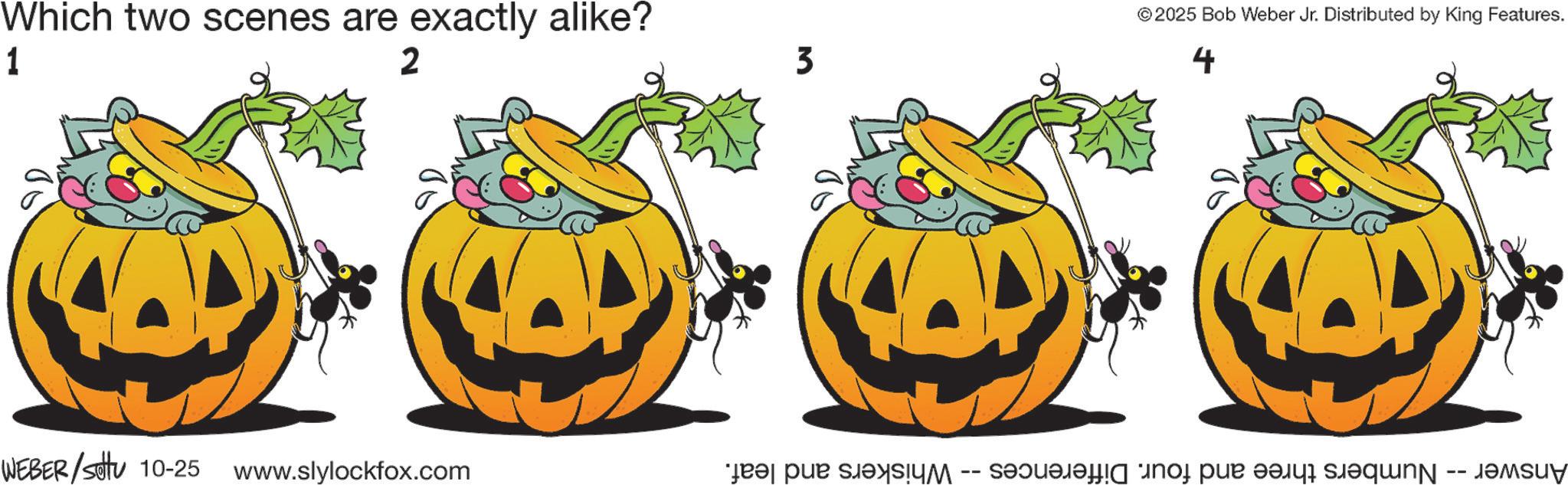 Fictional character OCR: Which two scenes are exactly alike? 1 2 WEBER/Set 10-25 www.slylockfox.com 3 © 2025 Bob Weber Jr. Distributed by King Features. 4 Answer -- Numbers three and four. Differences Whiskers and leaf. Which two scenes are exactly alike ? 1 2 WEBER / Set 10-25 www.slylockfox.com 3 © 2025 Bob Weber Jr. Distributed by King Features . 4 Answer -- Numbers three and four . Differences Whiskers and leaf .